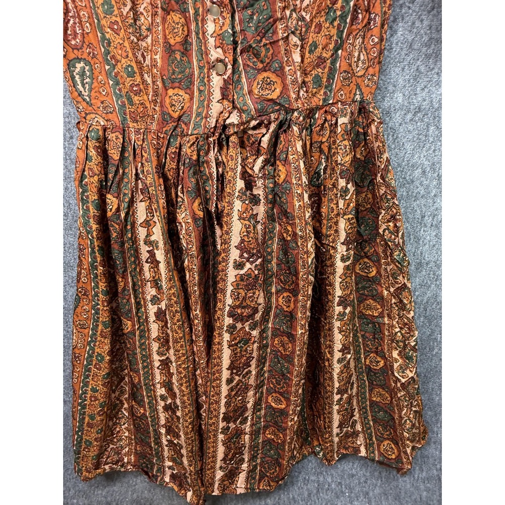 Boho‎ Paisley Dress Womens Medium Brown Orange Green Button Front Short Sleeve - Picture 6 of 12